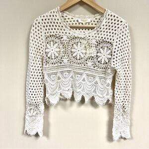 Rebellion Again Cropped Crochet Long Sleeve Top Size Small